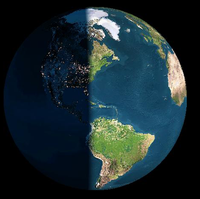 Image of Earth half illuminated from top to bottom showing lighting from the sun on the equinox.