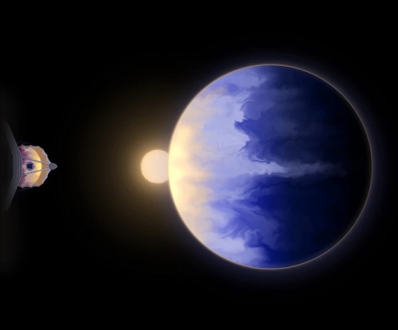 WASP-107 b: Cloudy and bluish planet with lighter color on the left and darker on the right. Bright sun partially covered by the planet. A spaceship-like object points towards the planet from the left side.