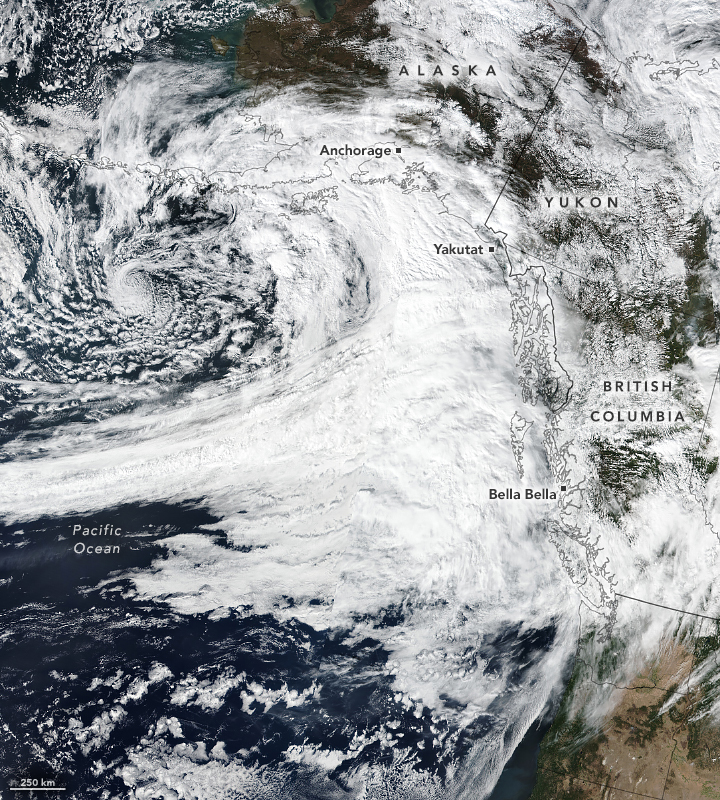 Atmospheric river. Satellite view over Alaska, Yukon and British Columbia. The clouds are coming from the Pacific Ocean.