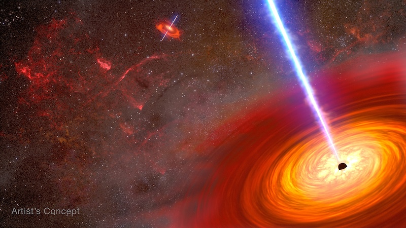 Black hole duo: two bright spiral disks with perpendicular jets in starry space.