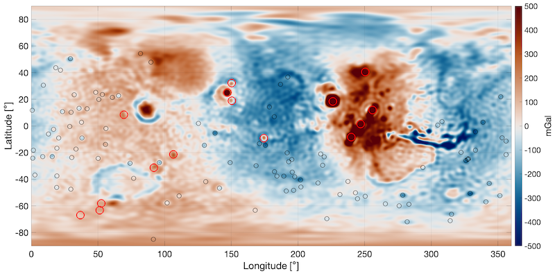 Rectangular map of Mars with blue, red and brown spots, numbers and text.