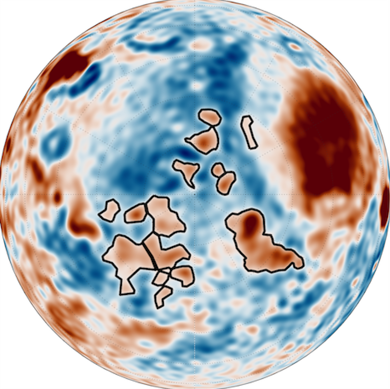 Mars gravity map: Mottled sphere with various patches of blue and brown. The brown patches in the center have a black outline.