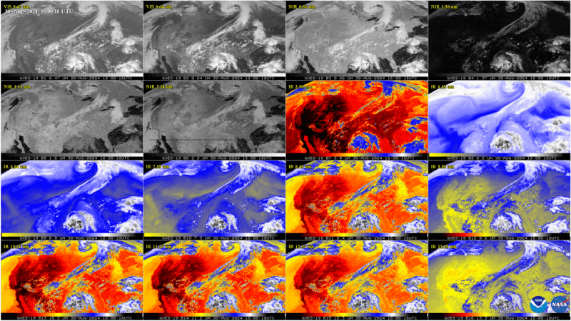 4x4 panel showing a view of swirls on Earth in different colors.