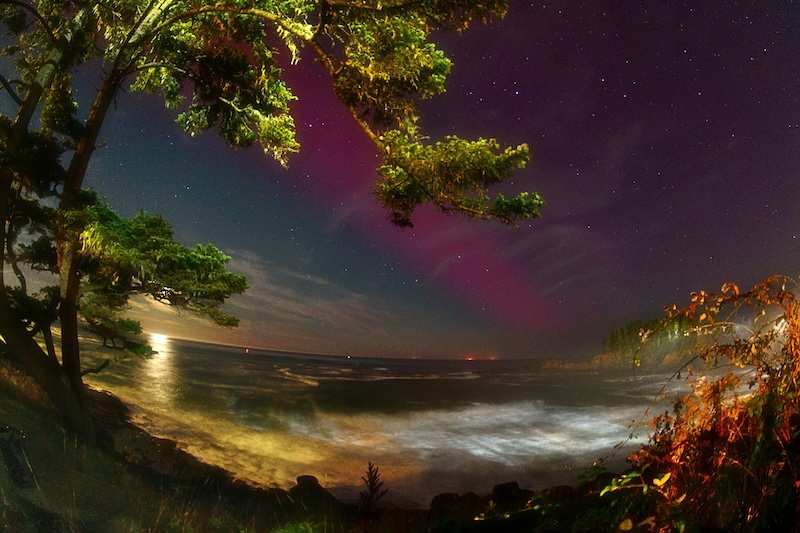 Moonlight and aurora over water.