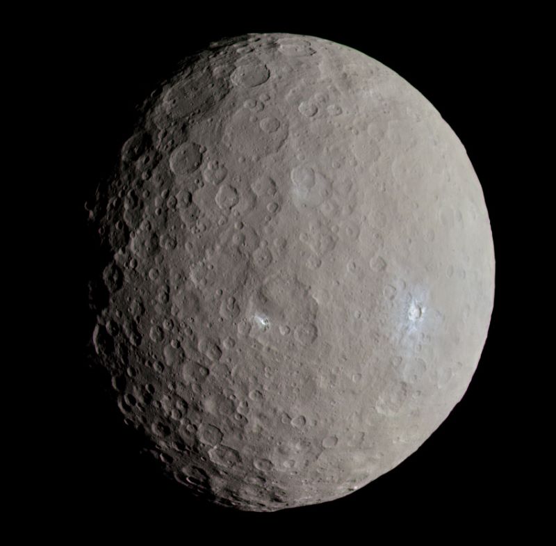 Ceres: A round, gray, cratered world showing a couple of small bright spots.