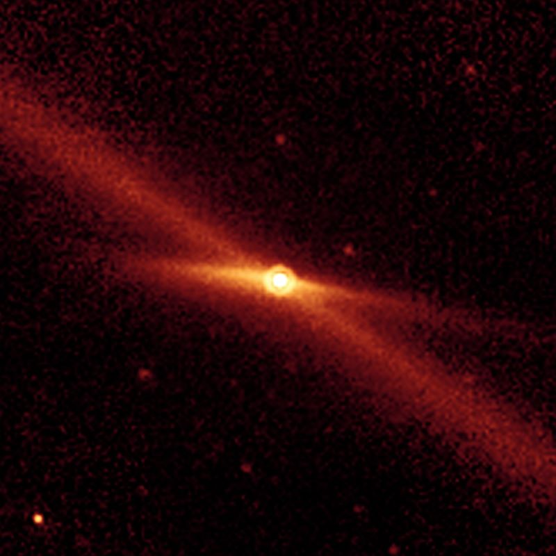 Doomsday asteroid swarm: Bright orangish but small light at center with reddish streaks going across in 2 directions.