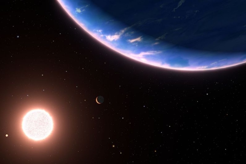 Steam world exoplanet: Blue planet with thin white clouds and bright white sun and another planet in distance.