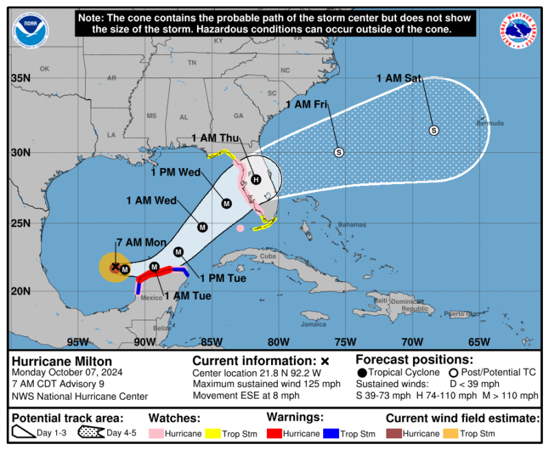 Map showing Gulf of Mexico and path of hurricane to Florida's west coast.