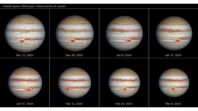 8 Jupiters with slight variations in its cloud and the Great Red Spot.