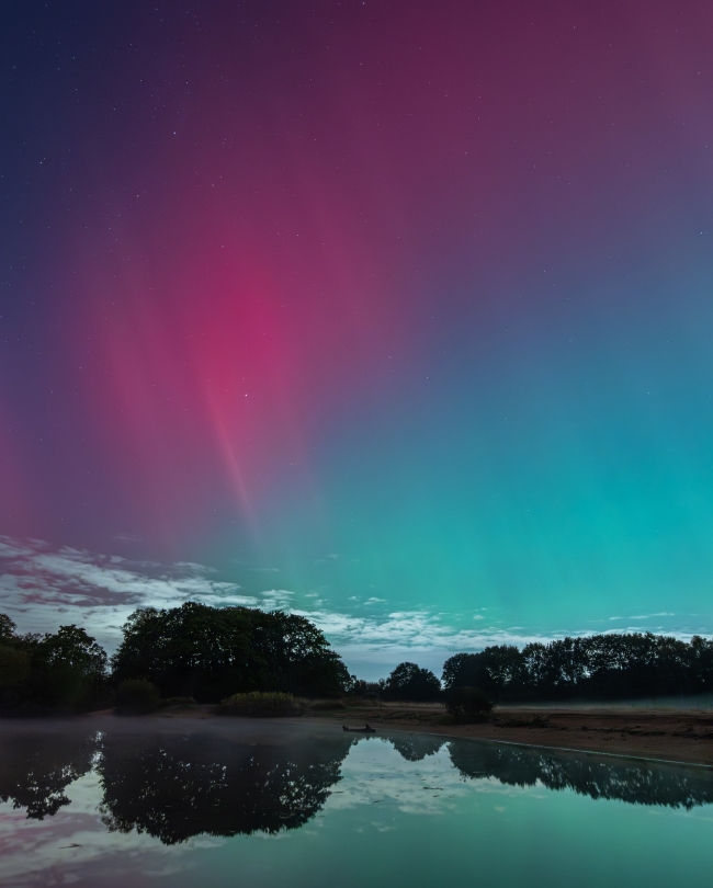 Slanting magenta and turquoise auroral display above trees and a pond.