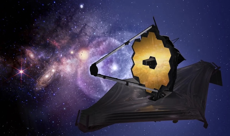 Bright hexagonal mirror, on a diamond-shaped platform in space. Stars and galaxies in background.