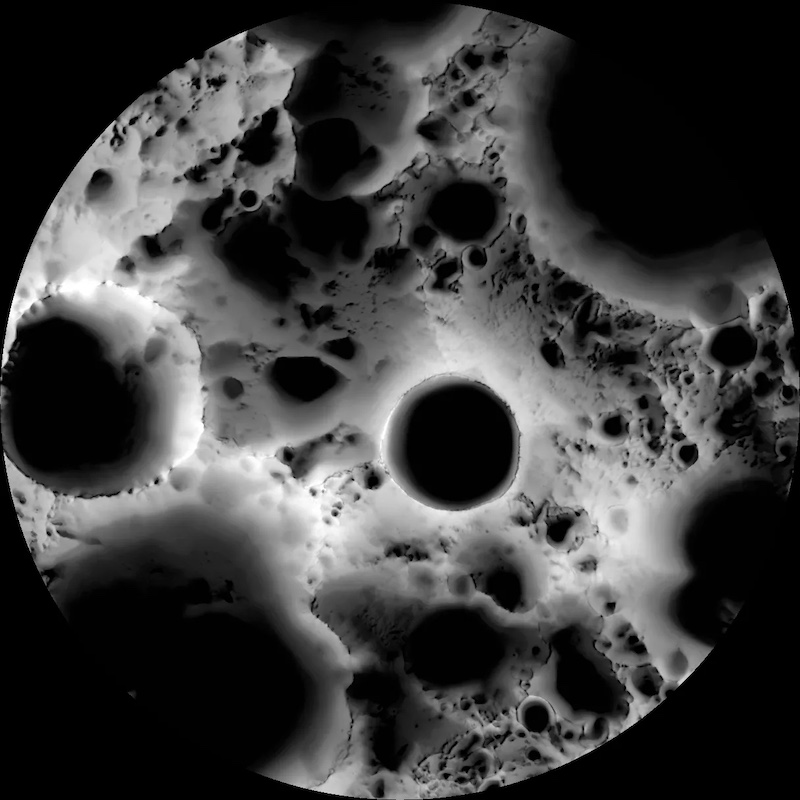 Ice on the moon: Circle with many circular and other black spots inside it.