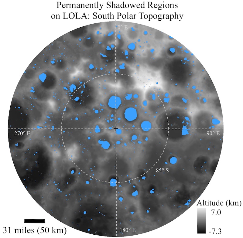 Circle showing moon's surface in mottled gray with many small irregular blue spots.