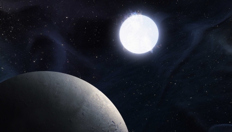 White dwarf exoplanet: Rocky planet with bright white sun and other stars in the distance.