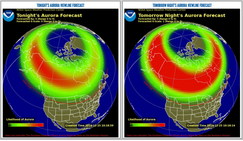Northern part of Earth with large swaths of color around north magnetic pole down to northern US states.