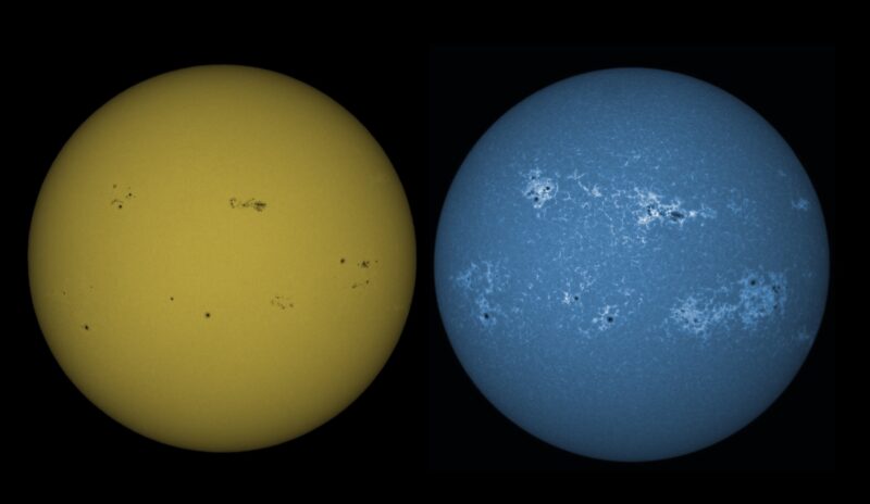 The sun, seen as 2 colored spheres, one yellow and one blue.