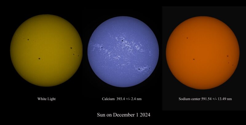 The sun, seen as three colored spheres, one yellow, one violet and one orange.