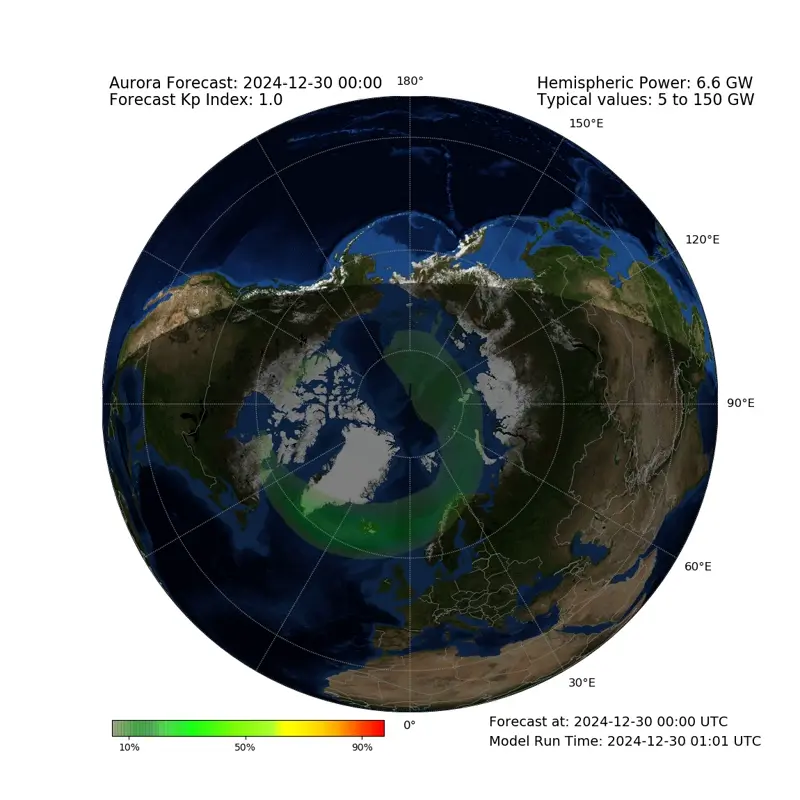 Top view of Earth globe with a swath of green rotating around the Arctic.
