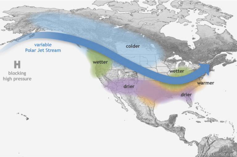 Map of North America with a thick blue line dipping through the states and other colors in different regions.