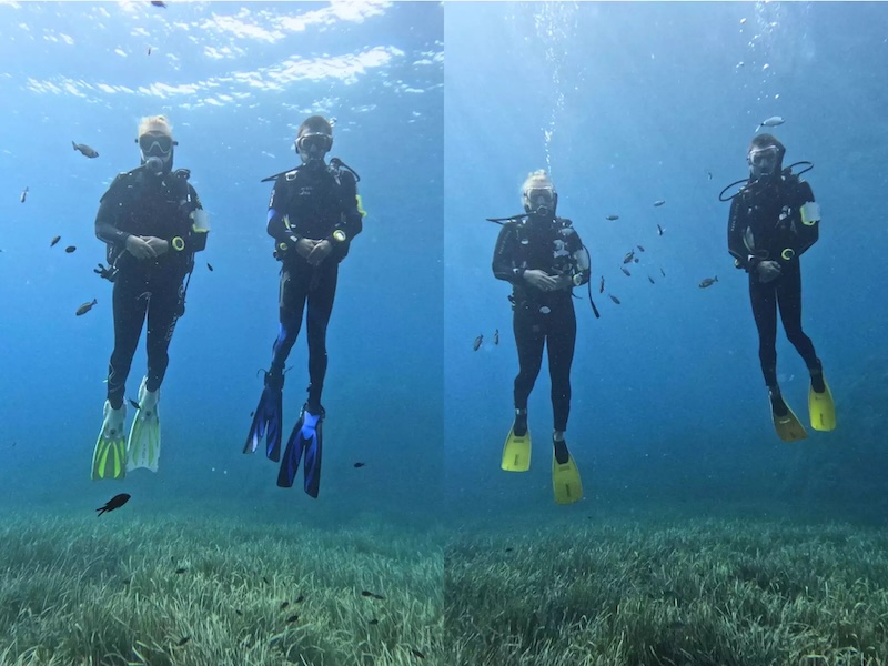 Two images, each showing two divers. Left, a diver with blue fins and a diver with yellow fins; right, both divers in yellow fins. 