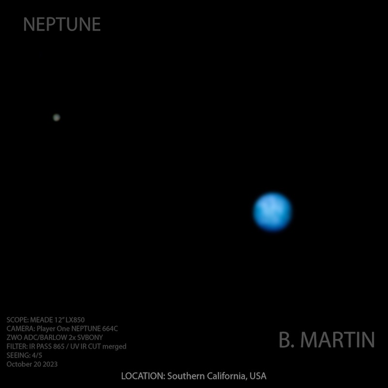 Two fuzzy dots for Neptune and Triton, one blue and a smaller one brownish.