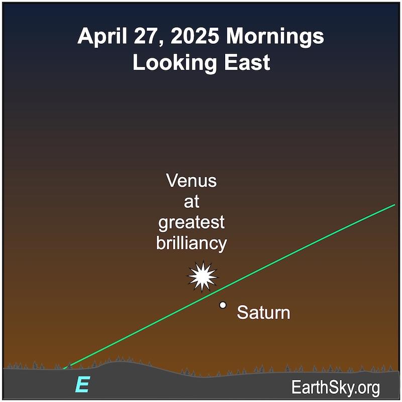 Chart: large starred dot, Venus, and a small dot, Saturn, along the ecliptic above the eastern horizon.