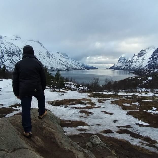 Man looking at mountainous, snowy scene.