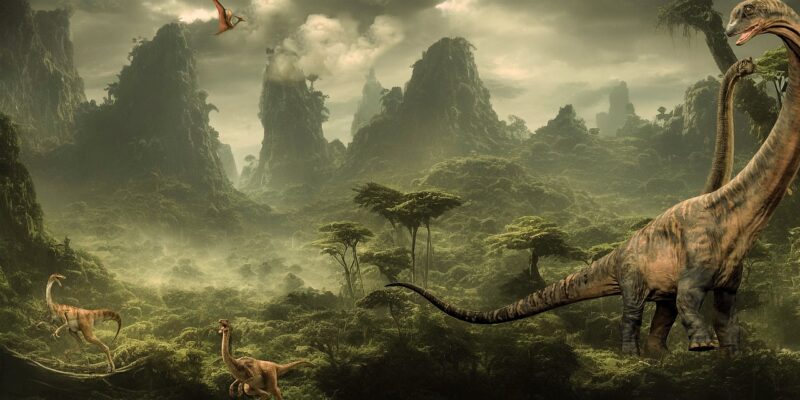 Jungle-like scene with various sized dinosaurs including one in the sky. 