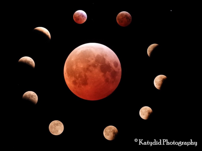 Large pink-orange full moon surrounded by smaller moons in different phases of the eclipse.