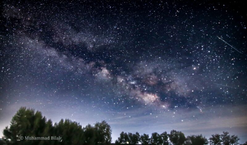A starry band in a starry sky above a treeline.