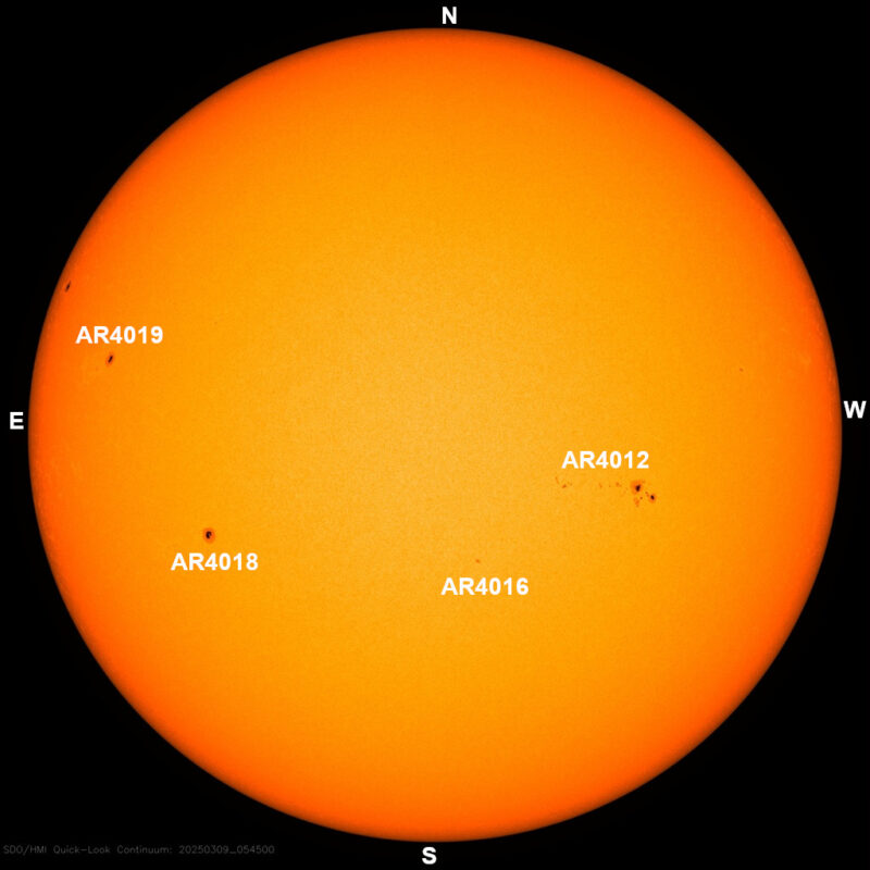 The sun, seen as a large yellow sphere with dark spots, each labeled.