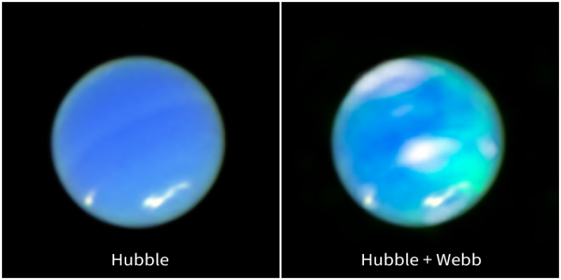 Auroras on Neptune: Two blue orbs with some white streaks. One has more white streaks and large cyan areas.