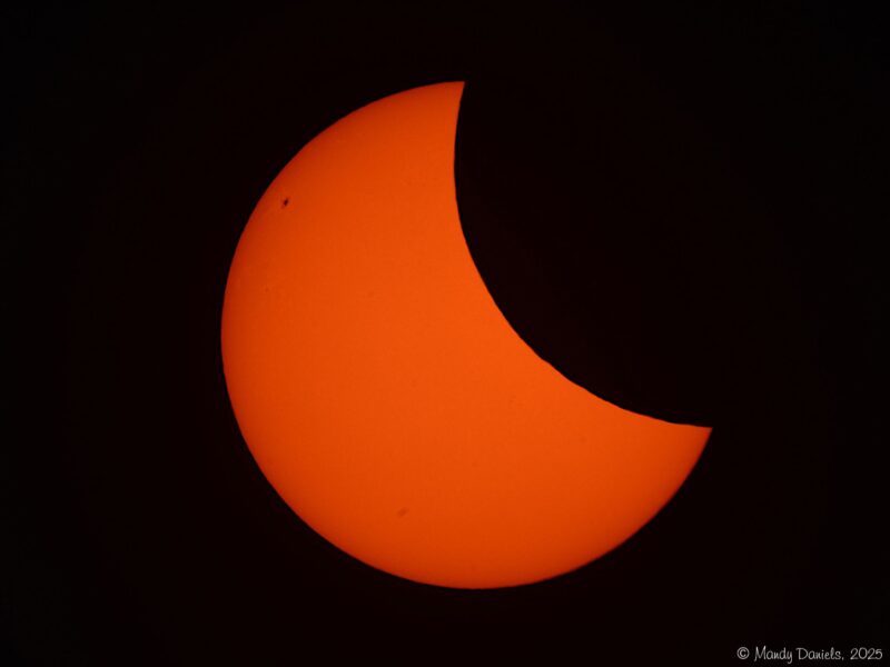 An orange orb with a black bite taken out of it in the upper right corner.