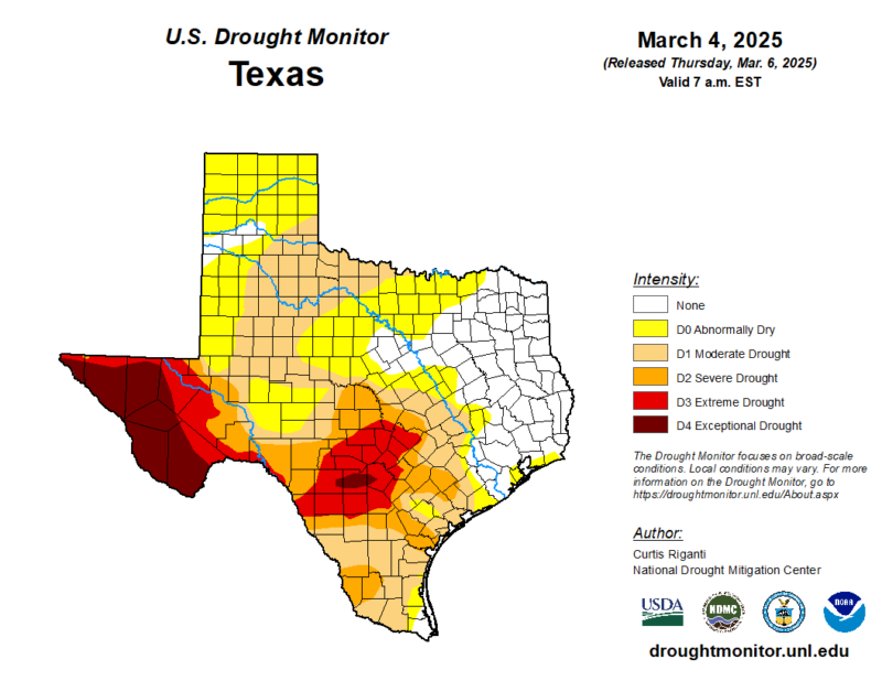 A graphic showing the developing drought conditions across the state of Texas.