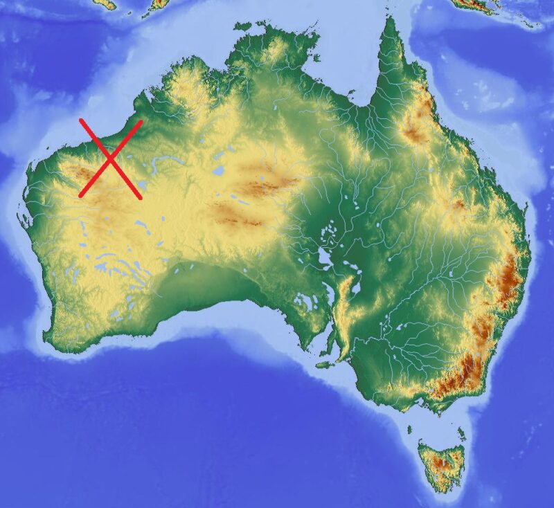 خريطة أستراليا تُبيّن موقع الاصطدام