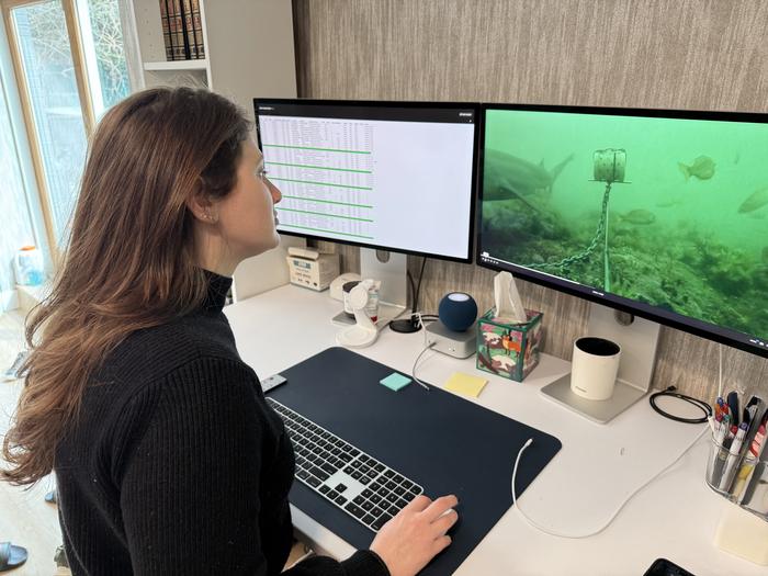 A long-haired young woman looking at a computer monitor showing a view of the seafloor with fish in the water.