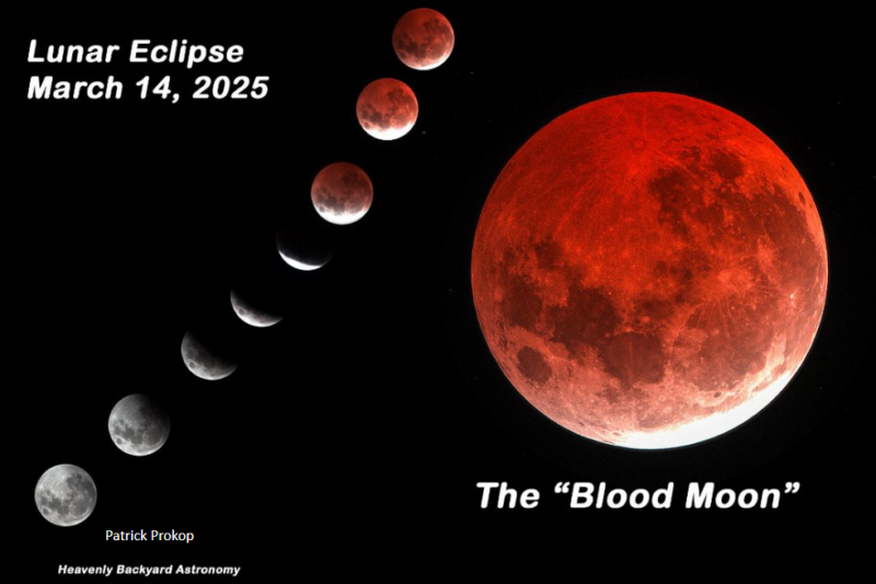 One large, red moon, and a line of smaller moons showing the phases of the eclipse.