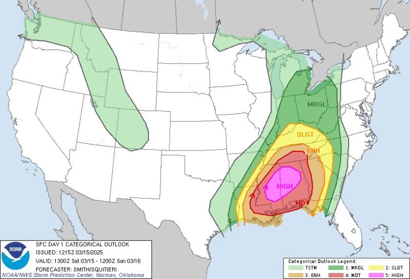 NOAA Expects A Tornado Outbreak In The Southeast On March 15 Day1otlk March 15 2025 NOAA E1742043786439