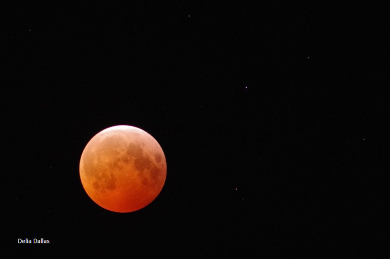 Red moon at the bottom left. There are some faint stars to the right side and top of the image.