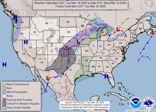 A weather map with a line between high and low pressure stretching across the U.S.
