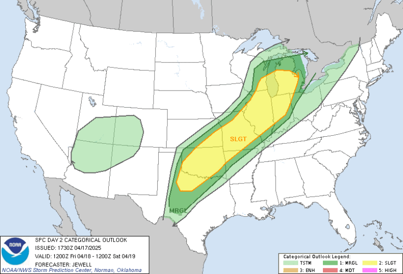 The Storm Prediction Center has outlined north central Texas, central Oklahoma, Missouri, Illinois, central and northwest Indiana and central Michigan in yellow to denote a Slight Risk for severe weather.