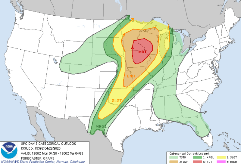 Large areas of the country in concentric green, yellow, orange, and red outlines.