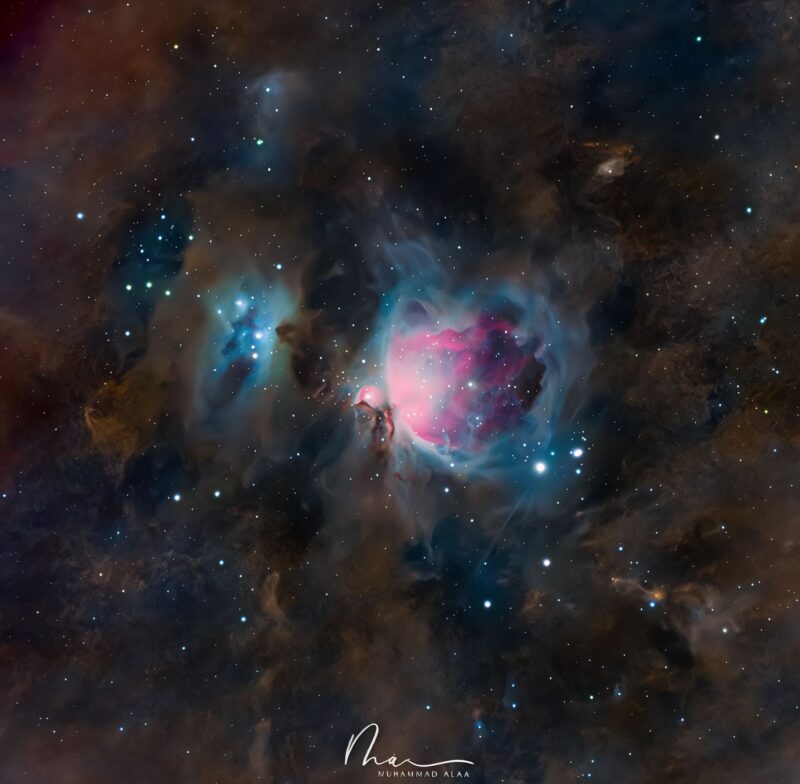Deep-sky photos: Large, complex swirls of bright red and nebulosity over a background of distant stars.