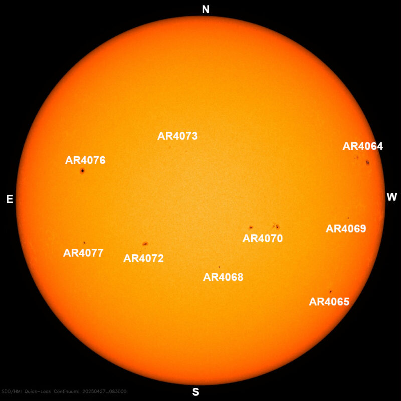 The sun, seen as a large yellow sphere with dark spots, each labeled.