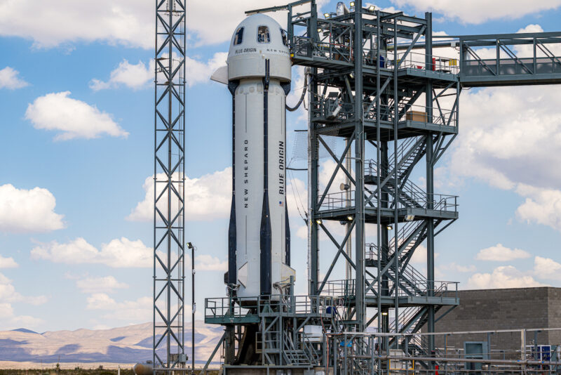 All-female crew: A white rocket sitting on the launchpad.