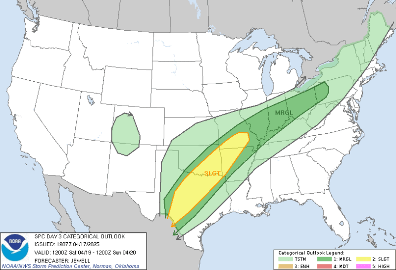 The Storm Prediction Center has outlined central Texas, eastern Oklahoma, northwest Arkansas and south central Missouri in yellow to designate a Slight Risk for severe weather.