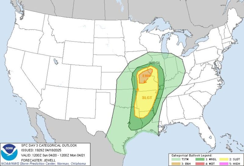 Map of US with green from southern WI and MI south to Texas and Louisiana, plus yellow and Orange around Missouri.