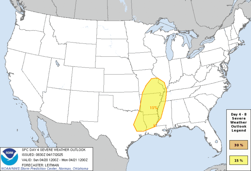 The Storm Prediction Center has outlined an area from east Texas, northern Louisiana, Arkansas, south central and southeast Missouri in yellow to designate a risk for severe weather.