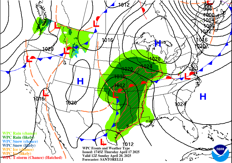 A low pressure system with a warm front to the north and a cold front trailing south sits over central Oklahoma. A red hatched area is outlined from Missouri down through Texas which indicates the possibility of severe weather.