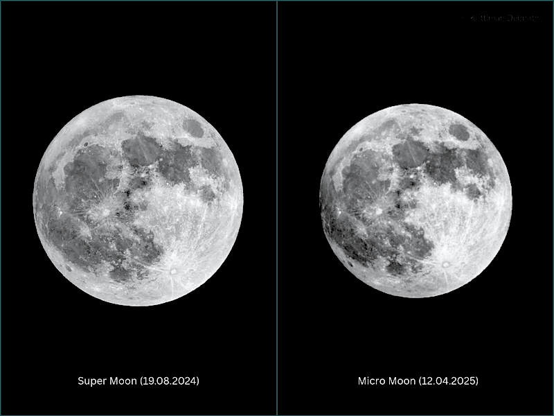Comparison shot to show size difference of the August 2024 supermoon and the April 12 2025 micromoon.